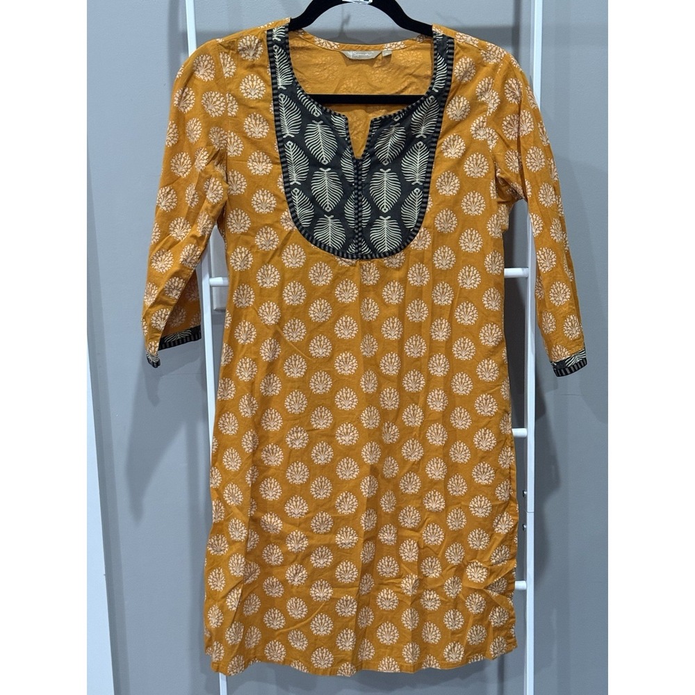 Sparsh Yellow & Black Cotton Kurti Floral Print Black Ajrakh Panel‎ Neckline M
